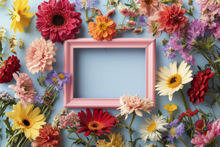 Colorful blooming flowers placed around empty pink photo frame against light blue background.の素材