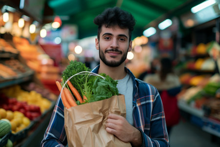 Young charismatic man holding craft paper bag filled with vegetables and bread, standing outdoors with supermarket on the background.の素材