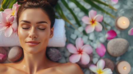Top view woman lay for spa massage with frangipani and hot spa stones.の素材
