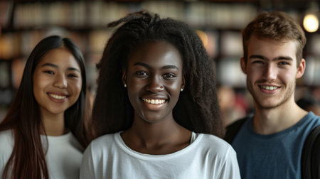 Happy african, Asian and Caucasian students standing at modern college library with bookshells on background.の素材