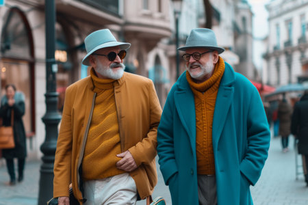 Two fashionable and elegant old men walk the streets of European city, wearing warm knitwear.の素材