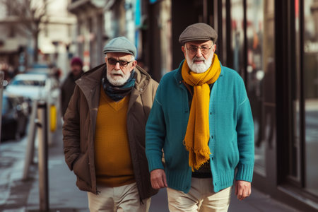Two fashionable and elegant old men walk the streets of European city, wearing warm knitwear.の素材