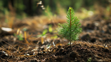 Germinating pine tree sprout, reforestation efforts. Planting new trees, environment care.の素材