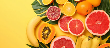 Several different exotic fruits on a yellow background, advertisement inspired, copy space.の素材