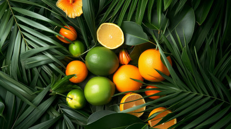 Various tropical fruits and seeds arranged on the tropical leaves.の素材