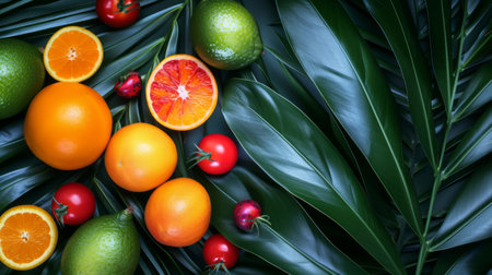 Tropical exotic fruits lay in leaves of a palm tree, tabletop photography.の素材