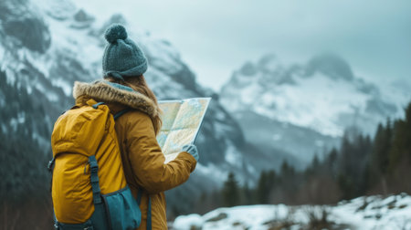 A woman wearing a hat and backpack in a snowy mountains, hiking and traveling by foot, adventure concept.の素材