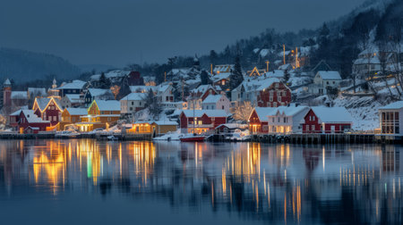 The winter lit buildings on the water of a village in fjord.の素材