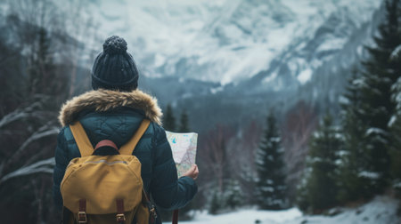 A woman wearing a hat and backpack in a snowy forest, hiking and traveling by foot, adventure concept.の素材