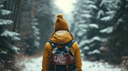 A woman wearing a hat and backpack in a snowy forest, hiking and traveling by foot, adventure concept.の素材
