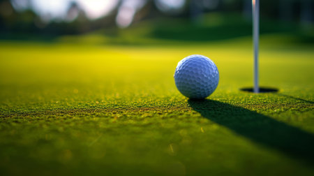 A close-up photo of a golf ball nestled close to the pin on a putting green.の素材