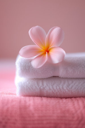 Frangipani flower on white towel, a close-up of a delicate, pink plumeria flower with soft petals, resting gently on a white, textured surface.の素材