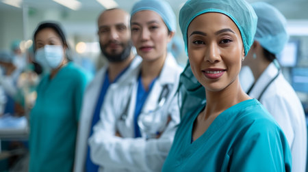A diverse medical team from around the world working together in a hospital setting. Doctors of different ethnicities, genders, and ages, concept of inclusive nature of healthcare.の素材