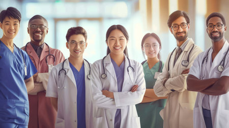 A diverse medical team from around the world working together in a hospital setting. Doctors of different ethnicities, genders, and ages, concept of inclusive nature of healthcare.の素材
