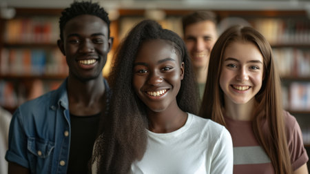 Happy african, Asian and Caucasian students standing at modern college library with bookshells on background.の素材