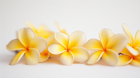 Close-up view of several blooming frangipani plumeria flowers, copy space for text.の素材