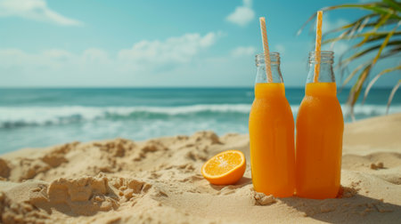 Drinking bottles with orange juice at the sand on beach, on a sunny summer day.の素材