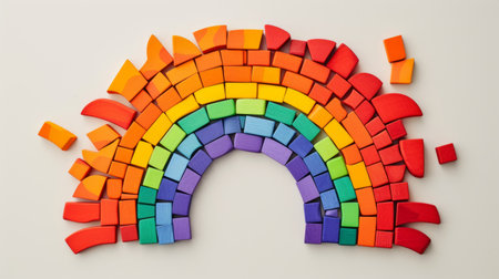 Geometric toy building set mosaic-style illustration of the rainbow, composed of geometric colorful wooden constructor pieces, on plain light background.の素材