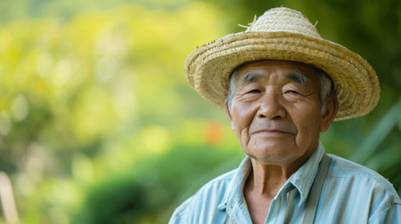Retired older man with straw hat standing in the green countryside, in the style of melds mexican and american cultures.の素材
