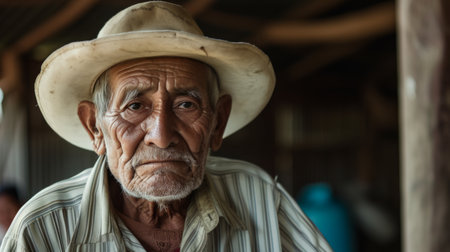 A portrait of an elderly man at farm with hat, traditional Mexican style.の素材