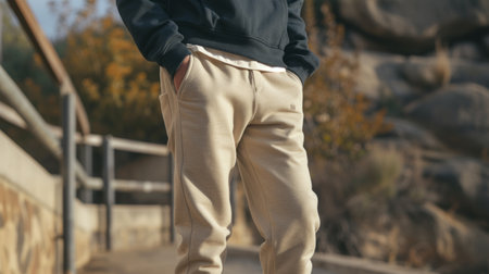 Casual streetwear made from hemp fabrics. Male person on empty street wearing stylish elements of everyday clothing crafted from sustainable cannabis fibers.の素材
