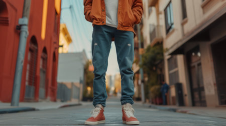 Casual streetwear made from hemp fabrics. Male person on empty street wearing stylish elements of everyday clothing crafted from sustainable cannabis fibers.の素材
