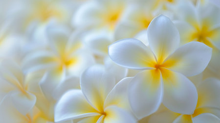 Background pattern close up of white and yellow frangipani flowers.の素材