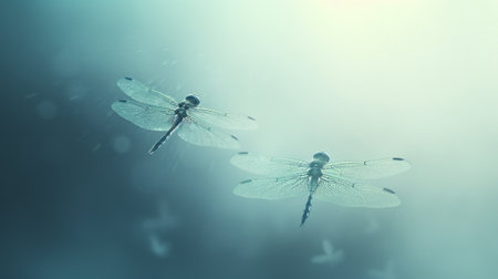 Dragonflies flying in the air in light blue dreamlike atmosphere.の素材