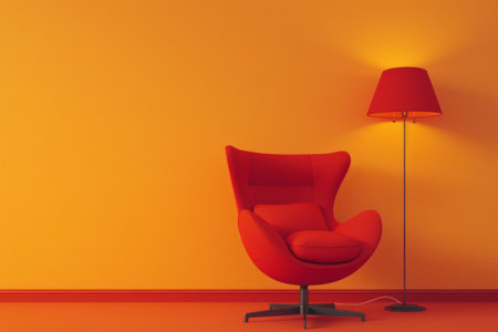 A red chair and lamp on an orange background.の素材