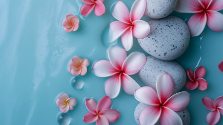 Top view frangipani and hot spa stones on water surface background, copy space for text.の素材