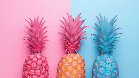 Three pineapples on a pink and blue background, in the style of conceptual pop art poster.の素材