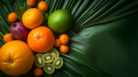 A bunch of fruit placed on a palm leaf.の素材