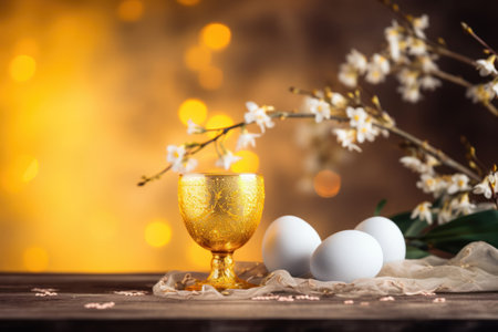 Old-fashioned glass with natural colored easter eggs on table with blooming tree branch.の素材