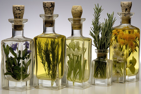 Bottles of organic essential oil with fresh herbs, alternative medicine concept. Pure natural ingredients for cosmetic productionの素材