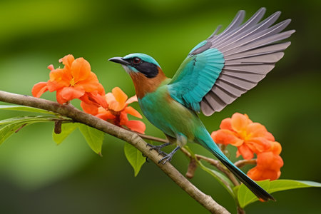 Macro shot of flying colorful tropical bird in the air on a blooming tree background on a rainy weather.の素材