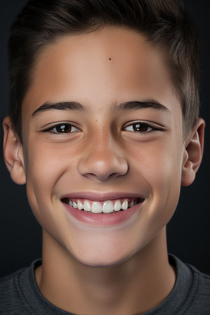 Front close up shot smiling male teenager perfect teeth visible.の素材