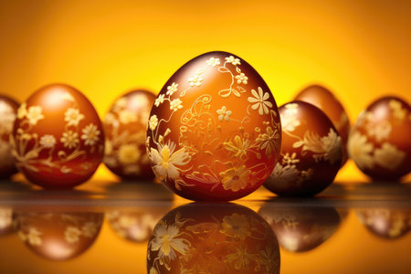 Glass Easter eggs with flowers on them are sitting on a yellow background. The eggs are arranged in a row.の素材