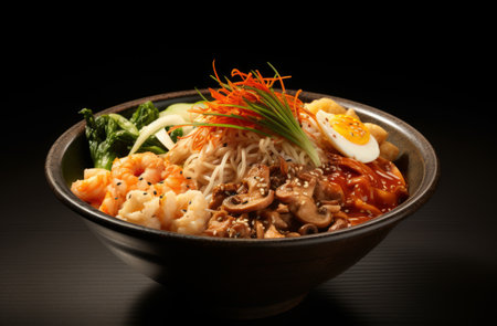 The Korean noodle bowl with egg and vegetables.の素材