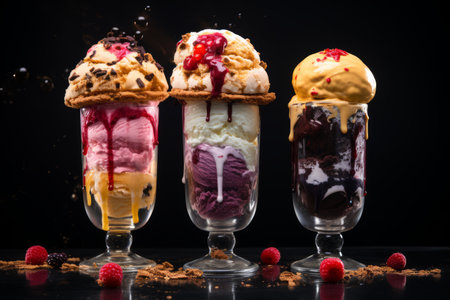 Three tall glass filled with sweet pastries and desserts, in the style of explosive and chaotic.の素材