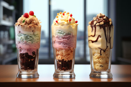 Three tall glass filled with sweet pastries and desserts, in the style of explosive and chaotic.の素材