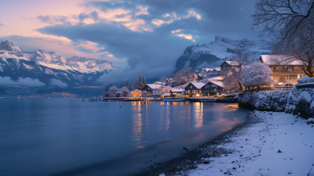 The winter lit buildings on the water of a village in fjord.の素材