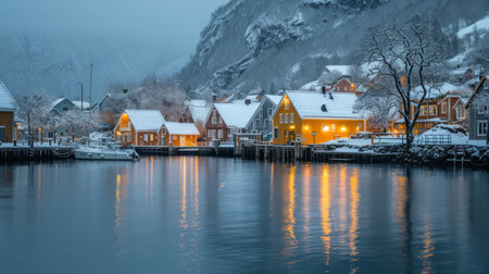 The winter lit buildings on the water of a village in fjord.の素材
