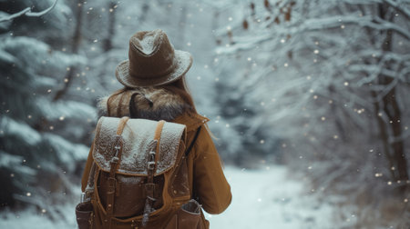 A woman wearing a hat and backpack in a snowy forest, hiking and traveling by foot, adventure concept.の素材