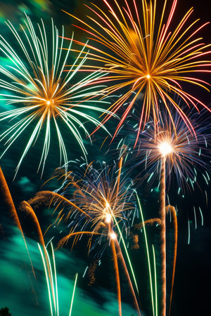 A dazzling display of St. Patrick's Day fireworks lighting up the night sky.の素材