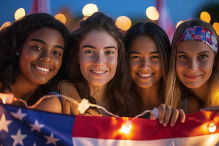 Group of three young multi-ethnic women holding American flag celebrating 4th of July.の素材