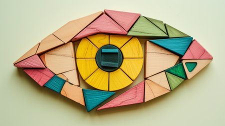 Geometric toy building set mosaic-style illustration of the human eye, geometric colorful wooden constructor pieces on plain light background.の素材