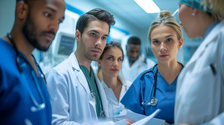 A diverse medical team from around the world working together in a hospital setting. Doctors of different ethnicities, genders, and ages, concept of inclusive nature of healthcare.の素材