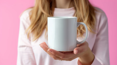 Woman holds white mock up coffee mug.の素材