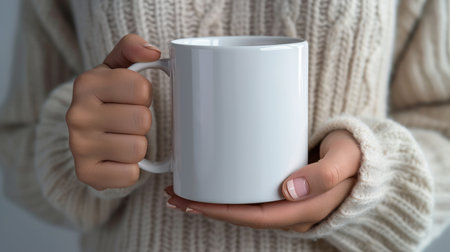 Woman holds white mock up coffee mug.の素材