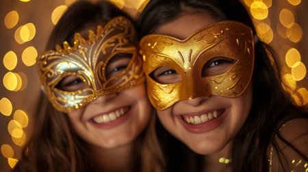Two young women in carnival masks laughing and smiling over yellow background.の素材